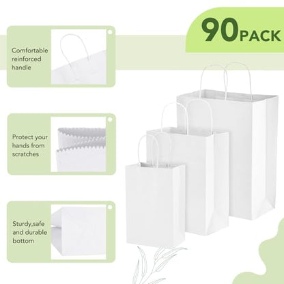 MESHA White Paper Gift Bags with Handles, 90 Pack, 3 Sizes (5/8/10 Inch) - color: White, size: 1 Count (Pack of 90)