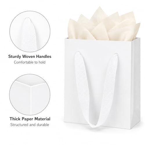 Treelement 22 Pack 4.7×2.3×6.3 Inch Small White Gift Bags with Tissue Paper - color: White