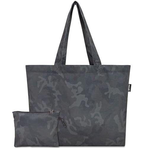 HOLYLUCK Tote Bag with a Detachable Small Bag, Foldable Reusable Grocery Bags 20L Shopping Bag - color: Black Camo