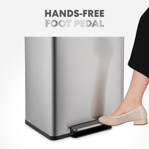 SIMPLI-Magic Infinity Edge 60L / 16 Gallon Kitchen Trash Can - Hands-Free Step Pedal, Soft-Close Lid, Stainless Steel Garbage Can with Inner Bucket - color: Silver, size: 16 Gallon