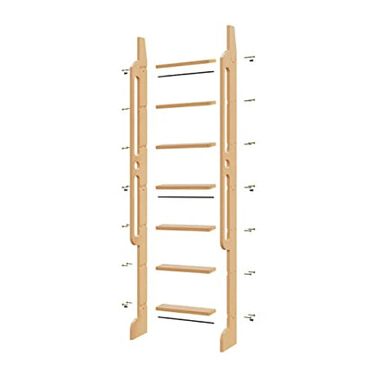 7 ft Rolling Library Ladder, Sturdy Wood Step and Build-in Handrail, Multi-use for Loft Stairs/Bookshelf, Red Oak (Total Length 86.7’’)