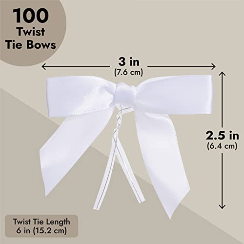 Juvale Twist Tie Bows - 100 Count, White, 3 x 2.5 in Satin Ribbon - Pre-Tied Gift Bows - Twist Ties for Cake & Crafts - color: White