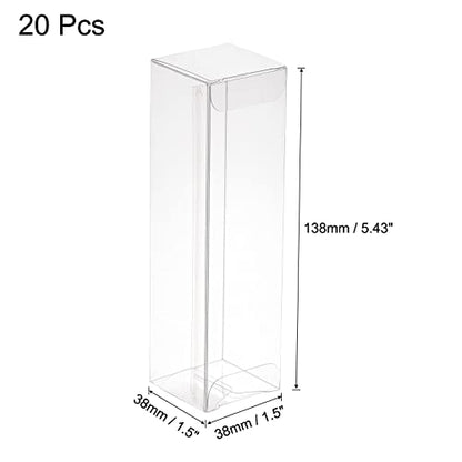 MECCANIXITY Plastic Retail Boxes 1.5"x1.5"x5.4" (38x38x138mm) Gift Box with Protecting Film for Candy, Cookies, Christmas, Wedding, Party Wrapping Clear Pack of 20 - size: 1.5"x1.5"x5.4"