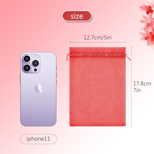 FUNFERY 100Pcs Red Organza Bags 5x7 in,Small Mesh Drawstring Gift Bag - color: Classic Red