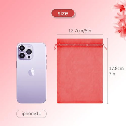 FUNFERY 100Pcs Red Organza Bags 5x7 in,Small Mesh Drawstring Gift Bag - color: Classic Red