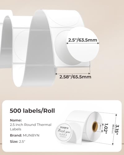 MUNBYN 2.5 Inch White Circle Thermal Labels for Baking, 500 Sheets/1 Roll - color: White, size: 2.5inch