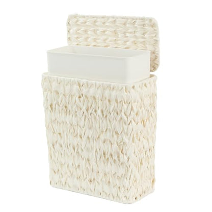 Wicker Trash Can with Lid & Liner, Small Bathroom Waste Basket, Beige - color: white