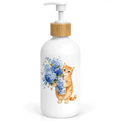 Chinoiserie Hydrangea Cat Glass Soap Dispenser with Pump - color: Hydrangea Cat