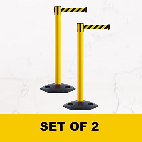 Montour Line MSR650 Set of 2 Retractable Belt Barrier Stanchion, Heavy-Duty Rubber Base, Yellow Steel Post (14 ft Red Belt) - color: Red, size: Yellow Steel
