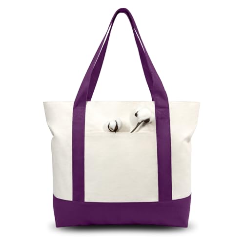 TOPDesign 1-Pack Canvas Tote Bag with an External Pocket, Reusable Grocery Shopping Bag, Top Zipper Closure, Daily Essentials (Purple/Natural) - color: Purple/Natural