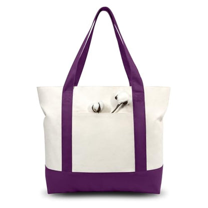 TOPDesign 1-Pack Canvas Tote Bag with an External Pocket, Reusable Grocery Shopping Bag, Top Zipper Closure, Daily Essentials (Purple/Natural) - color: Purple/Natural