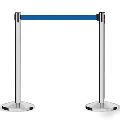 Crowd Control Warehouse 2 Retractable Belt Stanchion Barriers, 11 Ft Blue - color: Blue Belt with Polished Stainless Steel Post