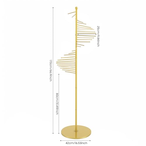 Freestanding Scarf Display Rack, Metal Spiral Scarf Holder with 30 Rods, Hijab Stand Belt Pants Hanger Organizer for Locker Room, Home, Office, Commercial Shopping Mall, Clothing Store (17X67in Gold)