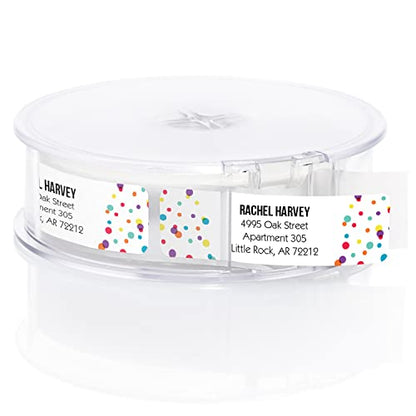 Bright Party Confetti Rolled Address Labels/Roll of 500 Personalized Celebration Address Labels/Designer Return Address Stickers in Elegant Plastic Dispenser - size: 500 Labels, style: Bright Party Confetti