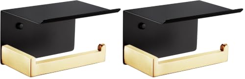 KOKOSIRI Toilet Paper Holders with Shelf Bathroom Toilet Paper Roll Holder Wall Mounted T-304 Stainless Steel, Matte Black and Gold B2010GDK (Pack of 2) - color: Black Gold, size: With Shelf(2 Pack)