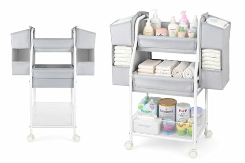 Moteph Rolling Utility Cart with Side Storage, 3-Tier Diaper Cart & Baby Caddy Organizer for Nursery Essentials, Bedside/Postpartum Nursing Cart, Craft & Art Storage Organizer, Rolling Book Cart - size: WITH_SIDE_STORAGE