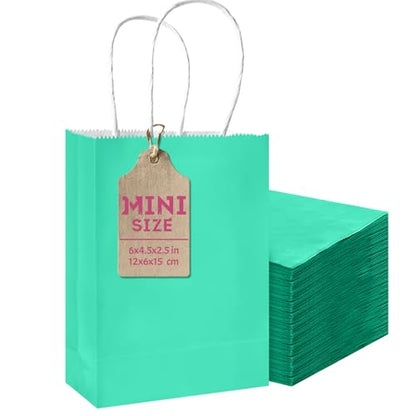 qiqee 24PCS Mini Gift Bag with Handles Bulk 4.5"x2.5"x6" Gift Bags Light Green Bags Multiple Uses - color: Light Green