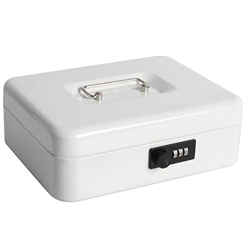 Cash Box with Money Tray, Parrency Large Money Box with Combination Lock, 9.8 x 7.9 x 3.5 inches, White - color: Combo White, size: Large（9.84")