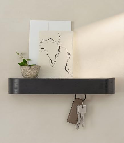 Kazai. Key Holder 'Toke' | Minimalist Key Hook Design from Berlin | Modern Key Holder Wall Mount with Wooden Shelf | Key Rack for Wall as Entryway Organizer | Oak, Black - color: Oak, black, size: 12.9" (8 Hooks)