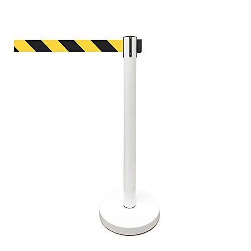 VIP Crowd Control Retractable Belt Stanchion Queue Safety Barrier Set, 36" Ht, 78" Belt (2 WHT Posts Black/Yellow Belt) - color: 2 WHT Posts Black/Yellow Belt