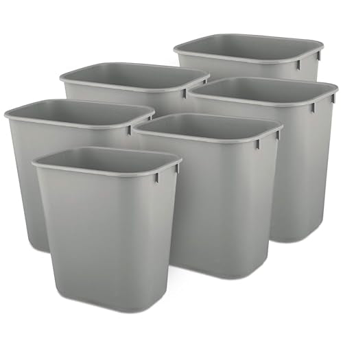 Rubbermaid 6 Pack 2955GRA Deskside Plastic Wastebasket, Rectangular, 3 1/2 gal, Gray