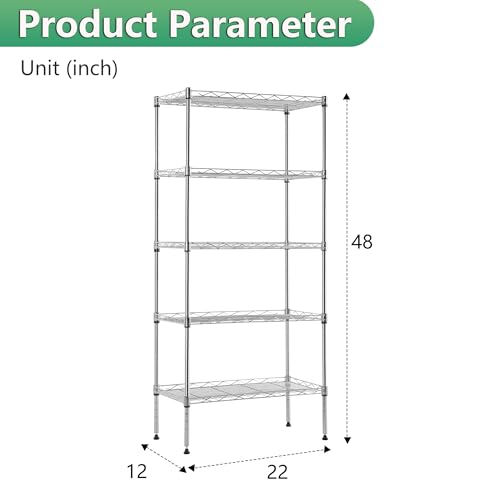 BestOffice | 5-Tier Wire Shelf | 22" x 12" x 48" | Chrome - color: Chrome, size: 22"D x 12"W x 48"H