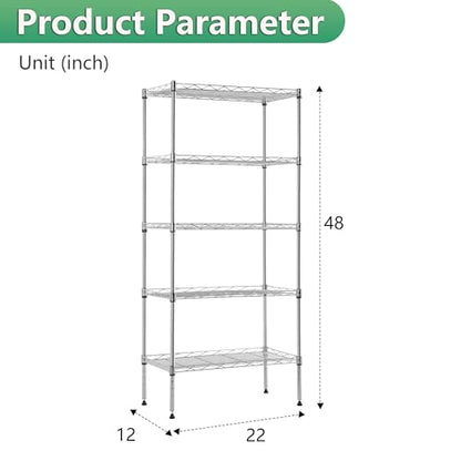 BestOffice | 5-Tier Wire Shelf | 22" x 12" x 48" | Chrome - color: Chrome, size: 22"D x 12"W x 48"H