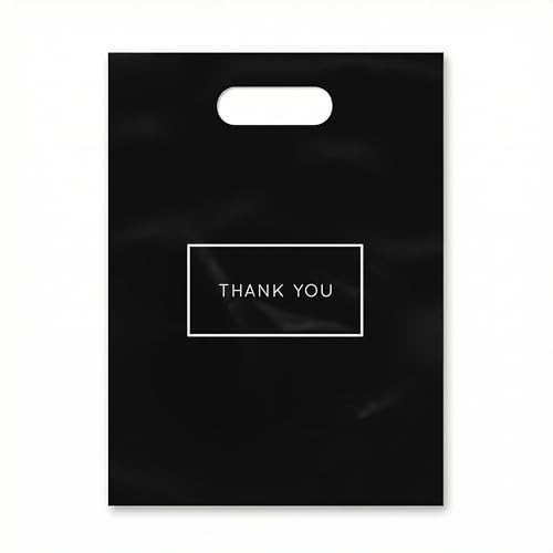 Purple Q Crafts 50 Pack Black Thank You Plastic Shopping Bags with Die Cut Handles, 9" x 12" - color: Modern White Font