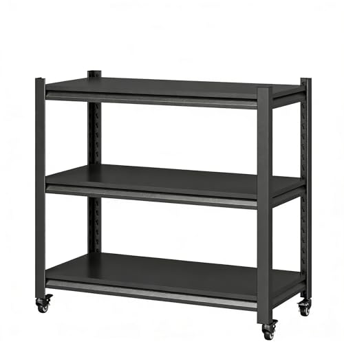 Storage Shelves with Wheels, Heavy Duty Metal Storage Shelving Unit, 3-Tier Adjustable Industrial Shelving Rack for Garage, Basement, Pantry (Black, 32" H × 34" W × 18" D)