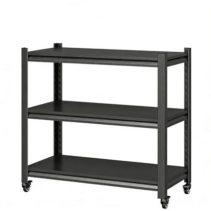 Storage Shelves with Wheels, Heavy Duty Metal Storage Shelving Unit, 3-Tier Adjustable Industrial Shelving Rack for Garage, Basement, Pantry (Black, 32" H × 34" W × 18" D)