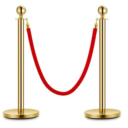 2 Pcs Gold Stanchion Post Queue and 5 Ft Red Velvet Ropes, Stainless Steel Red Carpet Ropes and Poles, Crowd Control Safety Barriers for Parties, Banks, Museums - size: 2 post | 1 rope