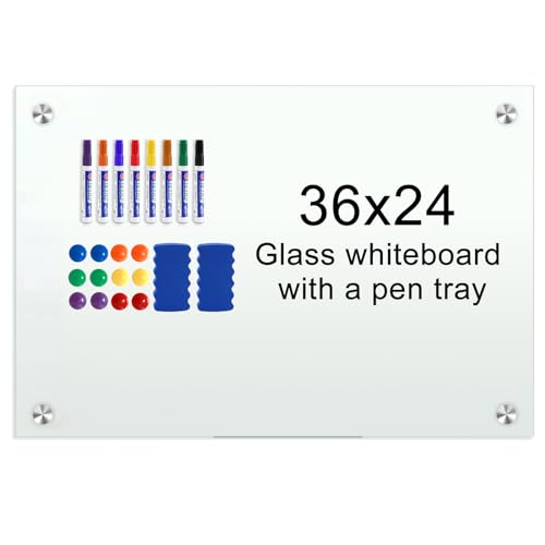 H-Qprobd Glass Magnetic Dry Erase Whiteboard 36"x24" for Wall, Frameless White Board, Includes 12 Magnets, 8 Markers and 2 Erasers - size: Glass 36"x24"