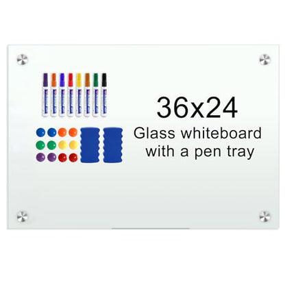 H-Qprobd Glass Magnetic Dry Erase Whiteboard 36"x24" for Wall, Frameless White Board, Includes 12 Magnets, 8 Markers and 2 Erasers - size: Glass 36"x24"