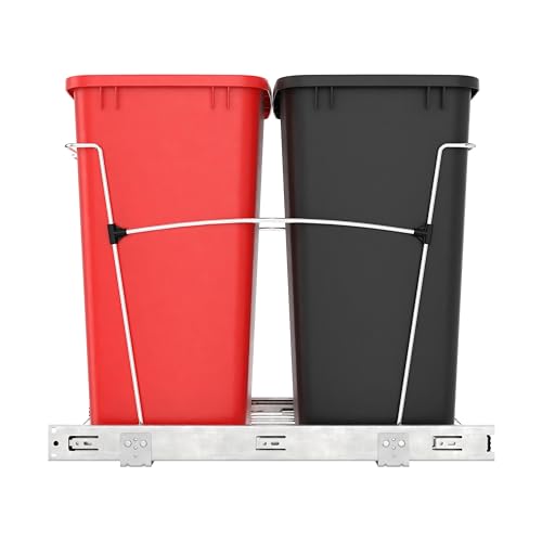 Rev-A-Shelf RV-18KD-1618C-S Double Pullout Trash Can for Kitchen Cabinets 35 Qt Garbage Recycling Bin on Full Extension Slides, Red/Black - color: Red & Black