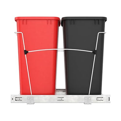 Rev-A-Shelf RV-18KD-1618C-S Double Pullout Trash Can for Kitchen Cabinets 35 Qt Garbage Recycling Bin on Full Extension Slides, Red/Black - color: Red & Black
