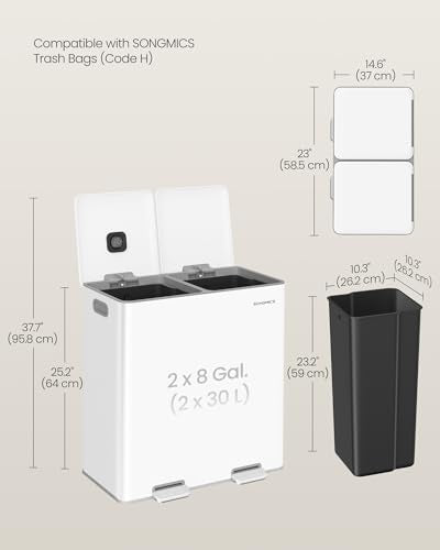 SONGMICS Trash Can, 2 x 8 Gallon, Soft-Close Lids, Stainless Steel - color: White, size: 2 x 8 Gal. (Old)