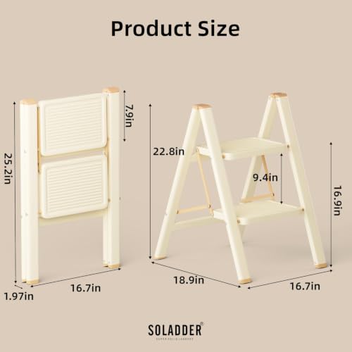 SOLADDER 2 Step Ladder, Folding Step Stool, Cream Chocolate - color: Cream Chocolate, size: 2 Step
