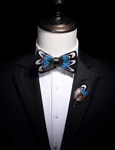 RBOCOTT Handmade Feather Pre-tied Bow tie and Brooch Sets for Men - color: Blue/White/Black