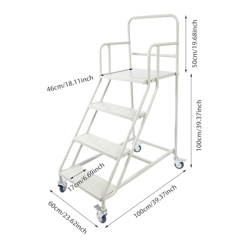 4 Step Rolling Stairs with Wheels, Heavy Duty Industrial & Warehouse Ladder, 881LBs Capacity Mobile Work Platform with Non-Slip Pedals & 3-Sided Handrails, Easy Move & Locking PU Wheels (39.4" H)