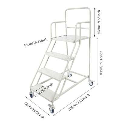 4 Step Rolling Stairs with Wheels, Heavy Duty Industrial & Warehouse Ladder, 881LBs Capacity Mobile Work Platform with Non-Slip Pedals & 3-Sided Handrails, Easy Move & Locking PU Wheels (39.4" H)