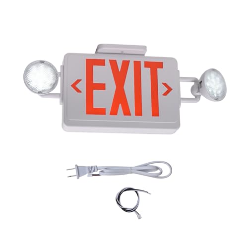 Emergency Exit Sign with Lights Battery backup, 200lm 3Hours Plug in Red Exit Signs with Emergency Lights for Business, Battery Operated,UL 924 AC85-277V - color: White Housing +Red EXIT, size: Round Heads