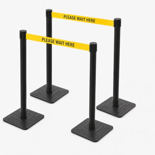 4 Pack Crowd Control Stanchions with 10 FT “Please Wait HERE” Retractable Belts, Black Queue Barrier Posts with Weighted Rubber Bases, 4-Way Connection for Line Control - color: Please Wait HERE, size: Rectangular Base