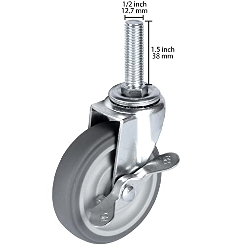 Finnhomy Caster Wheels 3 Inch Set of 4 Heavy Duty Threaded Stem Casters 1/2"-13x1-1/2 Swivel Rubber Industrial Castors Locking Wheels for Wire Shelving/Furniture/Carts Load Bearing 720 Lbs Gray - size: 1/2" -13 x 1-1/2" (with Brake)