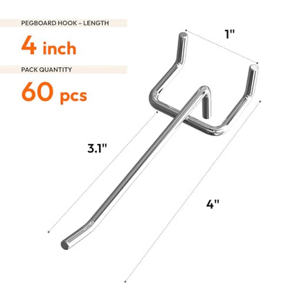 JEAWIWI 60 Pack Metal Pegboard Hooks, 4 Inch, Fit 1/4 & 1/8 in Peg Board - color: Silver, size: 4in 60pcs
