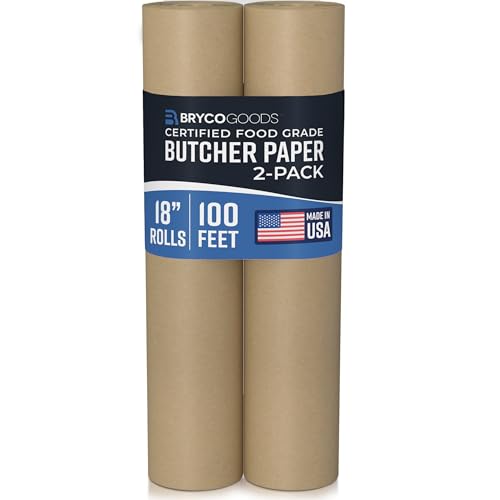 Bryco Goods (Pack of 2) Brown Butcher Paper Roll, 18 Inch x 100 Feet, Unbleached, Uncoated, Unwaxed, Food-Grade Kraft Paper for BBQ, Smoking, Grilling, and Wrapping Meat - Made in the USA - size: 18 Inches x 100 Feet (2-Pack)