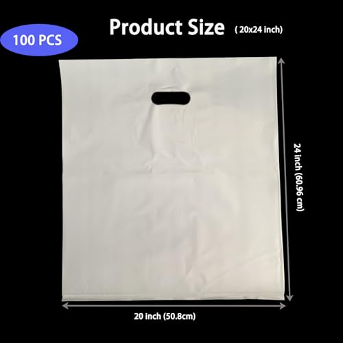 100 Pack 20" x 24"x 2 Mil Thick Large White Plastic Shopping Bags with Die Cut Handles