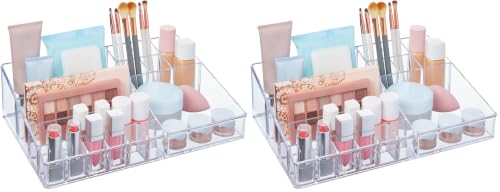 STORi Audrey Clear Vanity Makeup Organizer | 15-Compartment Holder for Brushes, Eyeshadow Palettes, & Beauty Supplies | Stacks on Audrey Storage Drawers | Made in USA (Pack of 2) - size: Cosmetic Organizer (Pack of 2), style: Cosmetic Organizer Topper