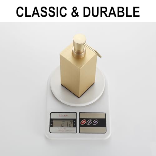 BGL Soap Dispenser Brushed Brass, Refillable Square Soap Dispenser with Premium Aluminium, Rustproof Countertop Soap Dispenser for Bathroom, Kitchen, Home, Hotel – 240 ML - color: Brushed Brass - Countertop