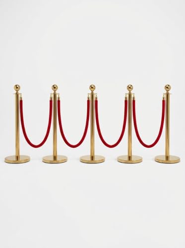 Red Carpet Ropes and Poles 5 Gold Stanchion Posts + 4 Red Velvet Ropes - size: 5 Post I 4 Rope
