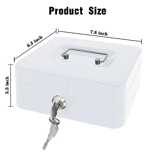 Steel Cash Box with Key Lock, Metal Small Money Organizer with Money Tray,Cash Storage Box with Lockable Cover (White- 7.8" x 6.3" x 3.3") - color: White- 7.8" x 6.3" x 3.3"